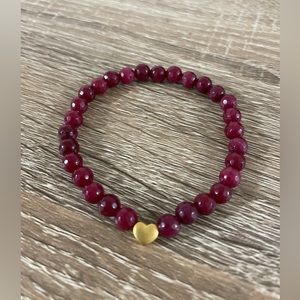 Agate and solid gold heart bead stretchy bracelet